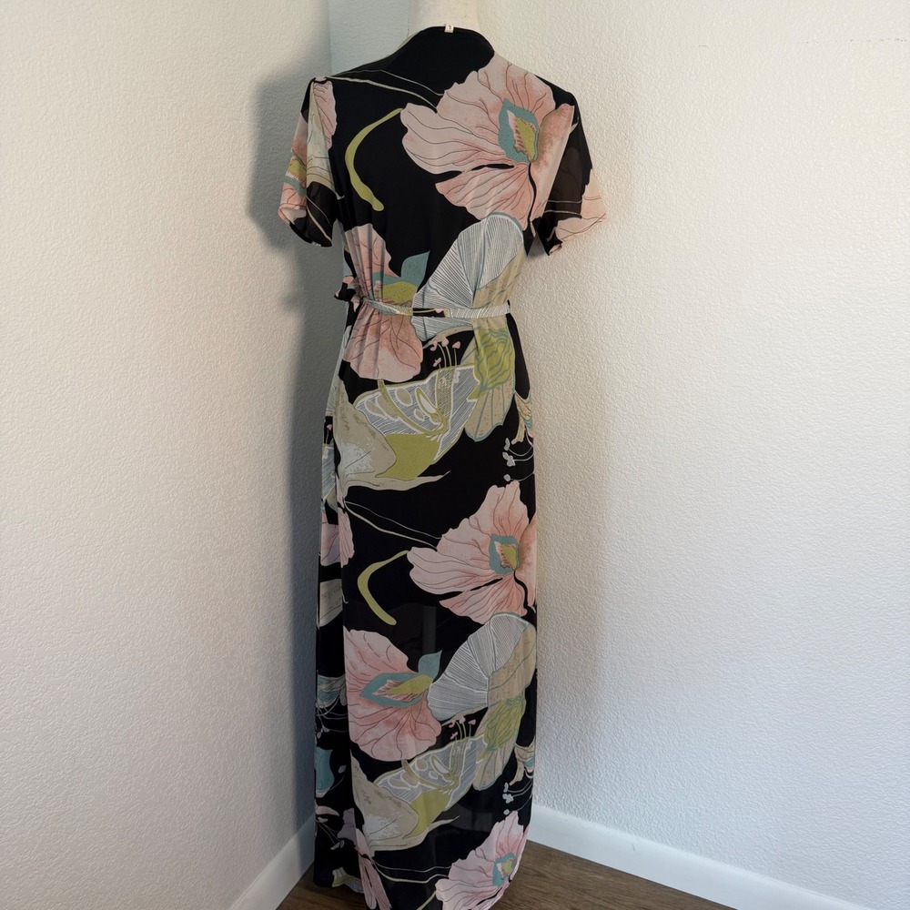 SheIn Wrap Maxi Dress Womens Large Black Pink Floral Chiffon Short Sleeve Boho - Picture 8 of 8